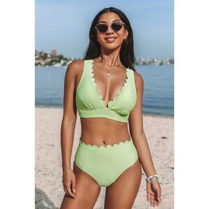 Cupshe Strawberry Field Scalloped Longline Tall Hipster Bikini Set Lime Green